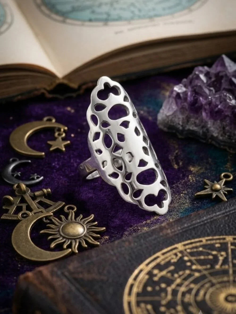 Silver Filigree Armor Ring Openwork Gothic Whimsigoth Statement 316L Steel Sz 8